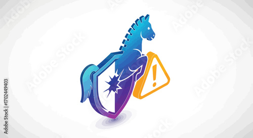 A glossy blue Trojan horse and shield icon with a yellow triangular warning alert symbol.