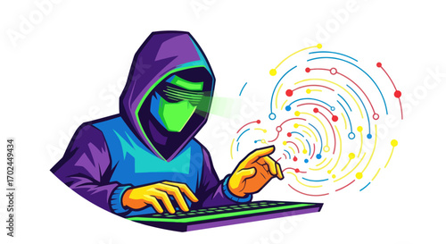Colorful Hacker Figure Typing on Keyboard with Digital Effects.