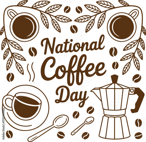 National Coffee Day text with coffee cups, moka pot and beans lettering