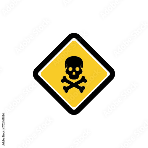 Skull symbol warns hazard in yellow diamond shape sign detail
