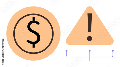 Dollar sign inside circle next to a warning triangle with an exclamation mark, symbolizing financial risk or caution. Ideal for money management, alerts, risk assessment, warnings, budgeting