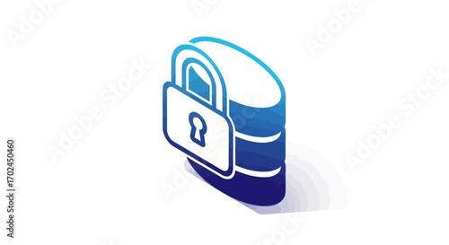 Isometric Blue Secure Database with Padlock Icon.