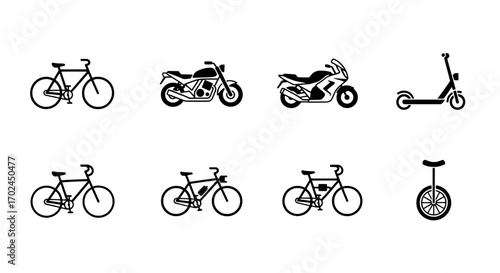 Collection of Bicycles, Motorcycles, Scooter and Unicycle Icons