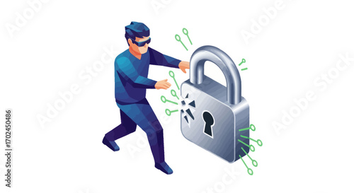 Illustration of a Hacker Attempting to Break a Padlock.