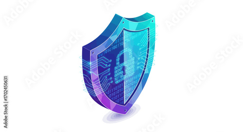A three-dimensional digital security shield icon with a vibrant blue and purple gradient and an internal padlock design.