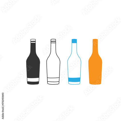 Simple, minimalist illustrations of three liquor bottles in different colors (black, white outline, and light blue).
