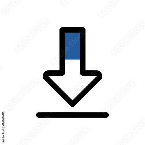 Blue arrow points downward over black line white background