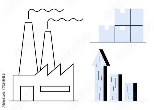 Factory emitting smoke, stacked boxes symbolizing storage, upward bar chart denoting productivity, success, and business scaling. Ideal for manufacturing, logistics, growth, supply chain economy