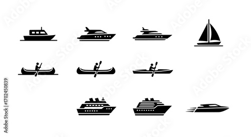 Variety of Watercraft Silhouettes Boat, Yacht, Canoe Icons