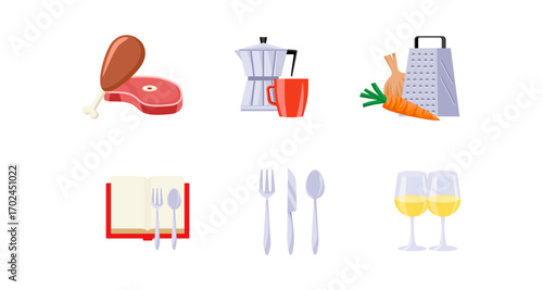 Kitchen essentials: meat, coffee, vegetables, recipes, utensils, wine glasses