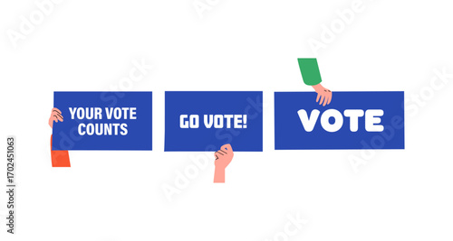 Encouraging civic participation with bold voting messages and hands holding signs