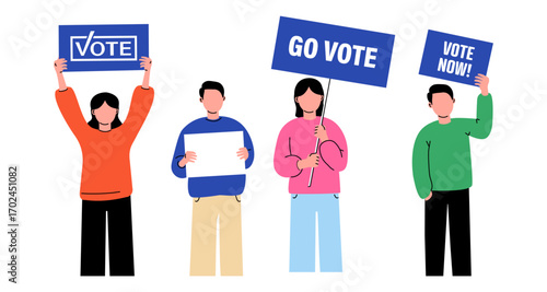 Diverse group of people advocating voting with signs and banners
