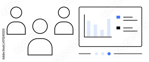 Group of three people and a screen displaying bar chart and data insights. Ideal for teamwork, analytics, collaboration, business, presentation, education, data-driven strategy, simple landing page