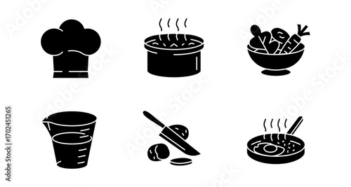 Simple culinary icons: chef hat, cooking, ingredients, slicing, measuring, frying, steaming