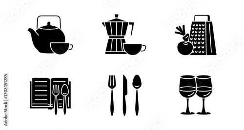 Silhouette kitchen icons: tea pot, coffee maker, utensils, wine glasses, grater