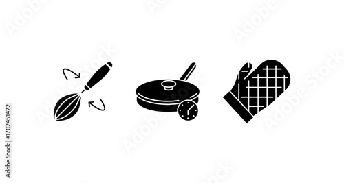 Silhouette icons of kitchen whisk, frying pan, and oven mitt on white background