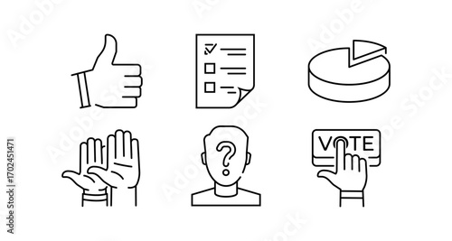 Line art icons for voting and opinion: thumbs up, checklist, pie chart
