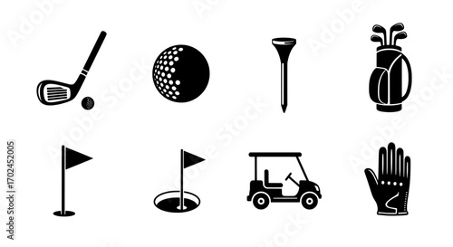 Golf Equipment Icons Black and White Vector Set