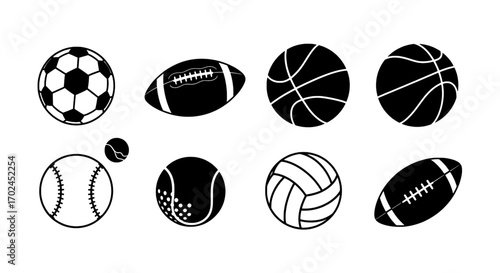 Diverse Collection of Sports Balls in Black and White