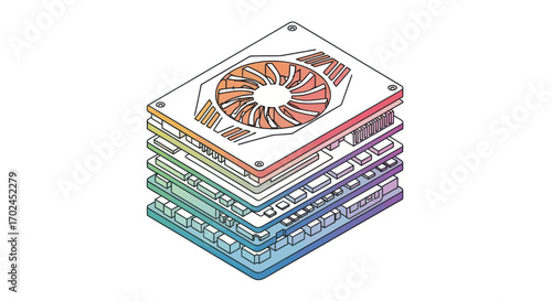 Isometric line art illustration of a stack of colorful rainbow graphics cards.