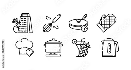 Simple kitchen tools icon set with cooking and baking symbols in black and white