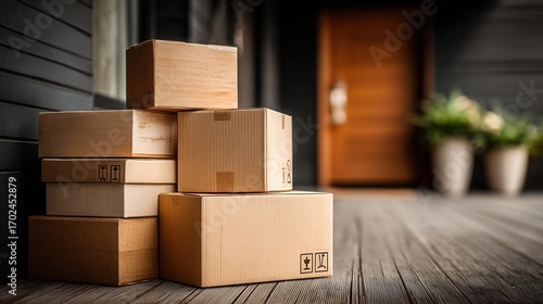 Pile of moving boxes stacked in empty room
