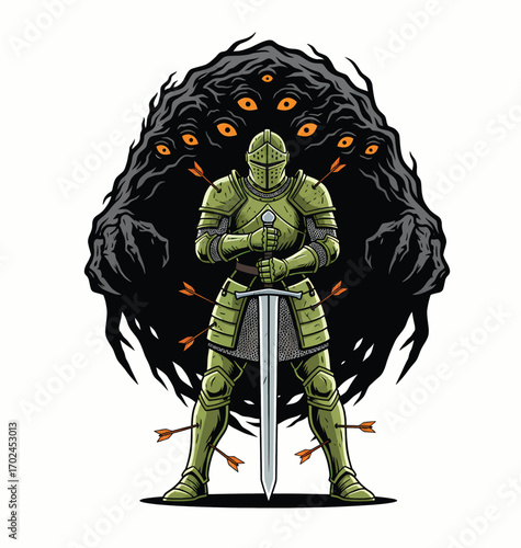 Brave Medieval Knight in Armor with a Sword and a Shadow Monster with Many Eyes Vector Illustration