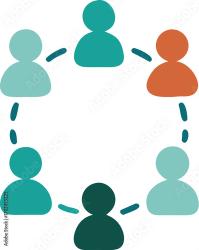 Six abstract human figures in teal, light blue, and orange arranged in a circle connected by dashed lines style vector illustration EPS file download	