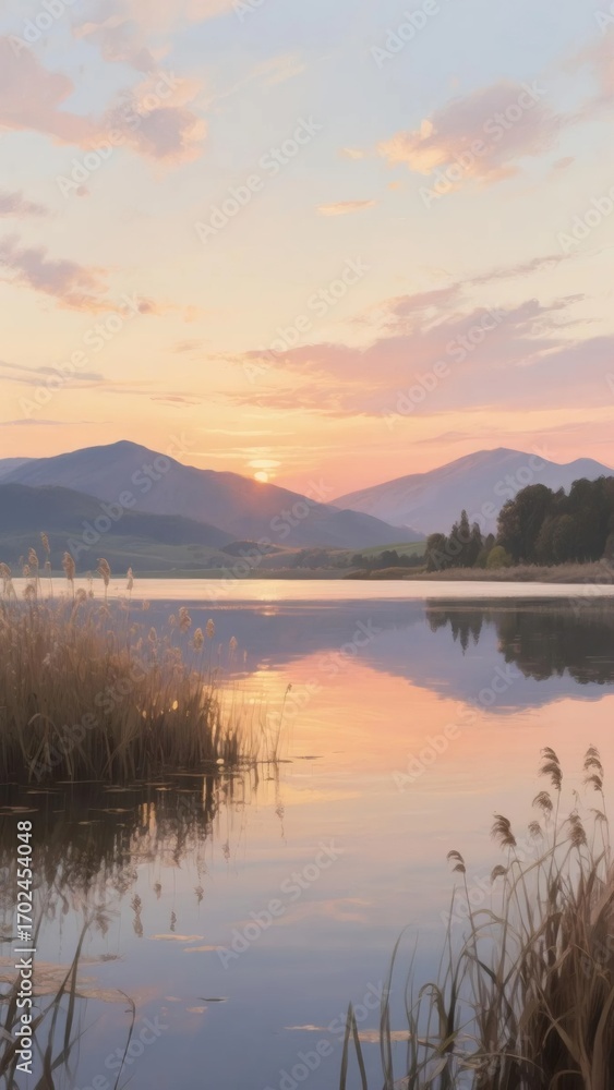 Obraz premium Sunset over tranquil lake with mountains