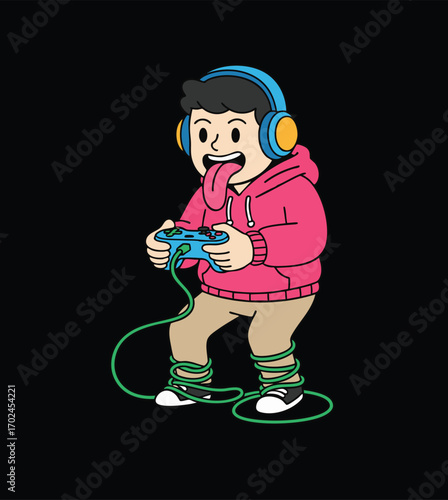 Funny Gamer Boy with Headphones and a Controller Tangled in Wires Vector Illustration