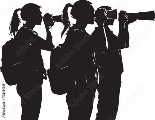 Photographers with Telephoto Cameras Silhouette Vector in Black Featuring Field Gear and Action Poses for Creative Themes