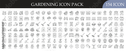 Gardening plants tools and outdoor care icon set - Large outline icon pack featuring gardening essentials including plants, flowers, soil, watering cans, tools, seeds, pots, trees, and outdoor equipme