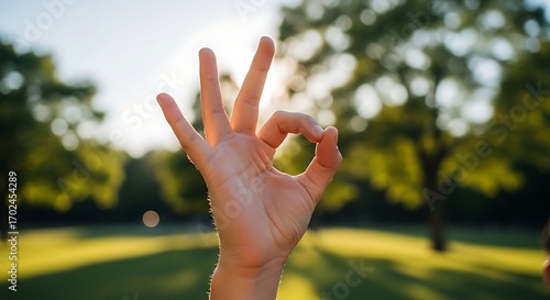 OK hand gesture in a sunny park.