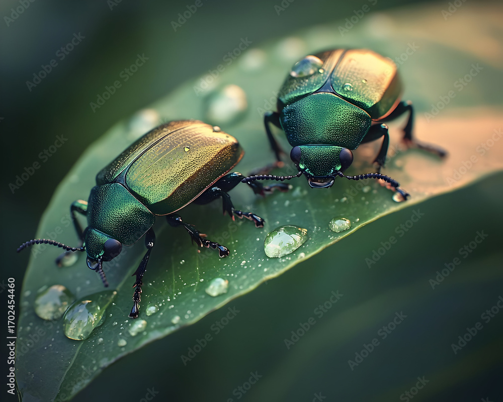 Naklejka premium Colorful Beetles On Dewy Green Leaf
