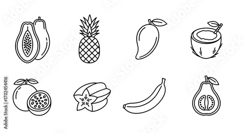 Tropical Fruits Line Icons Papaya, Pineapple, Mango, Coconut & More