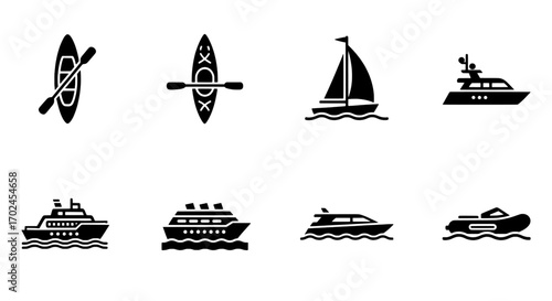 Watercraft Icons Kayaks, Sailboats, Cruise Ships, and More on the Water