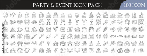 Party celebration and event decoration icon set - Outline icon collection representing parties and events including balloons, cakes, drinks, fireworks, masks, music, gifts, and festive decorations.
