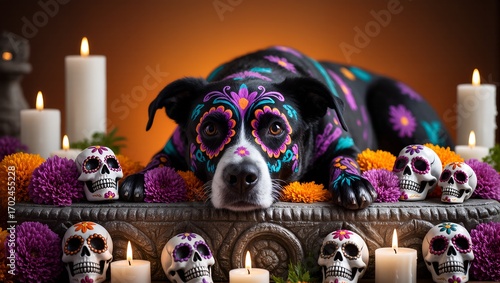 Colorful Dog with Sugar Skulls and Marigolds for Day of the Dead