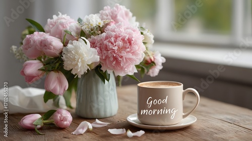 Good morning greeting with coffee cup and pink peony flowers in vase on wooden table with soft natural light