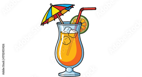 Refreshing Tropical Cocktail with Ice Umbrella and Orange Slice.