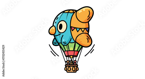 Whimsical Cartoon Hot Air Balloon with Friendly Creature Design.