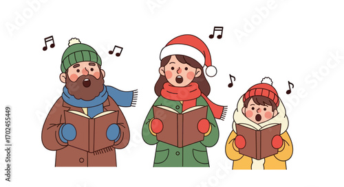 Three Cartoon Carolers Singing Christmas Carols from Books.