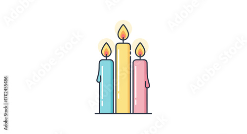 Three Colorful Lit Candles with Flickering Flames.