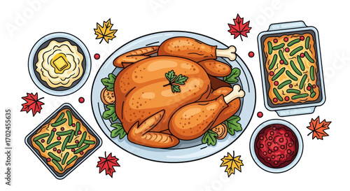 Roasted Turkey with Thanksgiving Sides Top View Illustration.