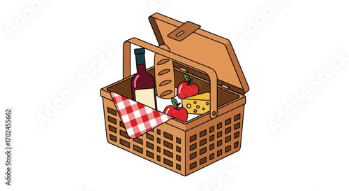 Wicker Picnic Basket Filled with Wine Bread Cheese and Apples.