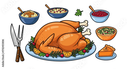 A Festive Thanksgiving Feast Featuring a Roasted Turkey and Assorted Side Dishes.