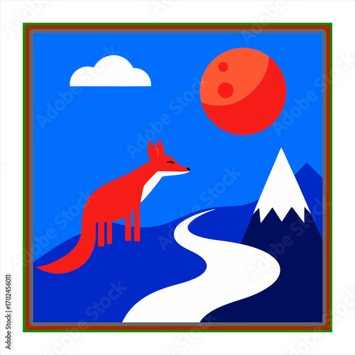 Vector art illustration of a fox on a mountainside 