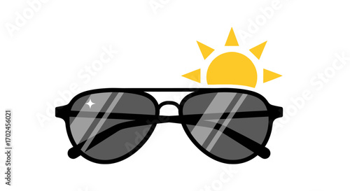 Aviator sunglasses with a bright sun icon symbolizing summer and protection.
