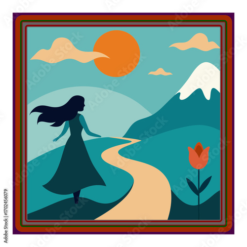 Vector art illustration of a girl on a mountainside arranged in a frame