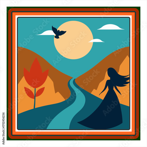 Vector art illustration of a girl on a mountainside arranged in a frame